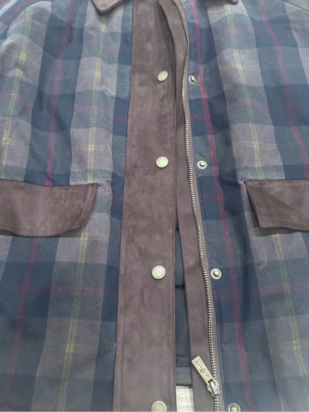 7 For All Mankind Navy and Brown Plaid Utility Jacket with Suede Trim - Picture 4 of 11